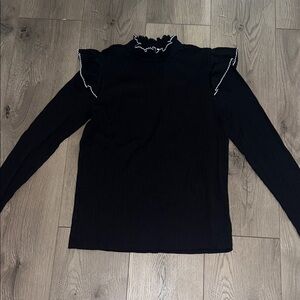 LOFT Black Long Sleeve Top with Ruffled Trim